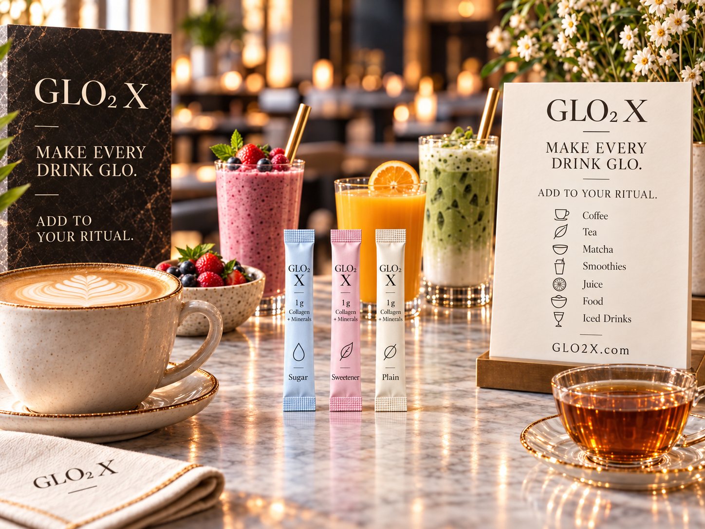 GLO₂ X sticks on a marble café counter beside coffee, tea, a matcha latte, a berry smoothie and orange juice, with a GLO₂ X counter sign.